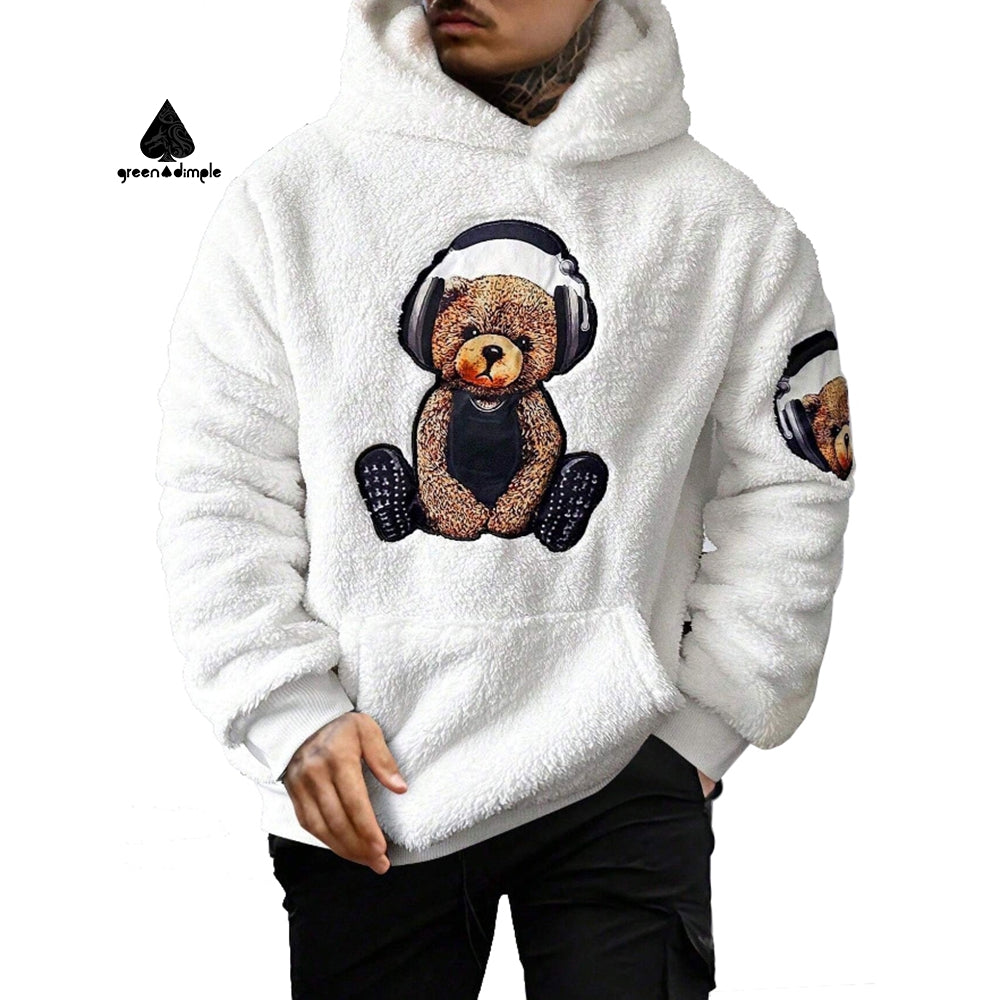 Thick Plush Embroidery Bare Large Pocket Pullover Hoodie