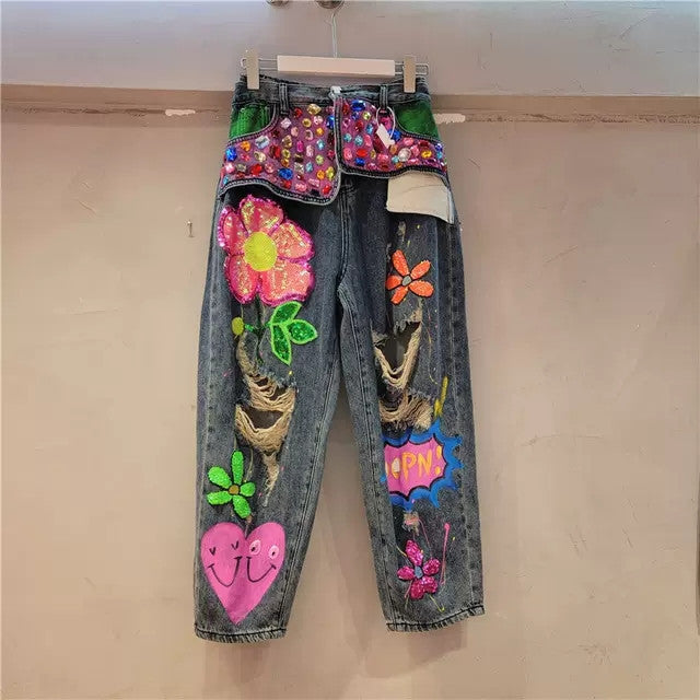Unique Stylish Colorful Decorations Inlaid Jewels Sequined Jeans