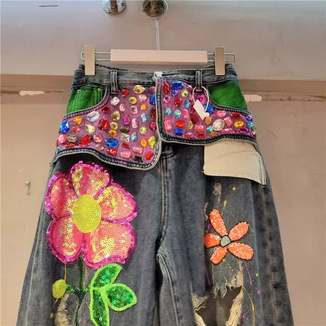 Unique Stylish Colorful Decorations Inlaid Jewels Sequined Jeans