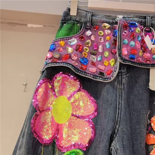 Unique Stylish Colorful Decorations Inlaid Jewels Sequined Jeans