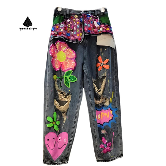 Unique Stylish Colorful Decorations Inlaid Jewels Sequined Jeans