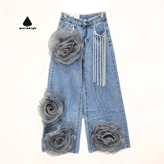 Women's  Elegant High Waist Straight Leg Jeans with Flower Decoration