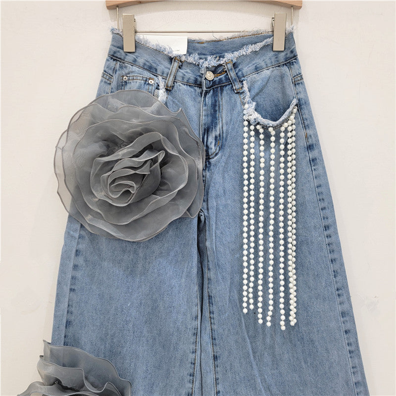 Women's Elegant High Waist Straight Leg Jeans with Flower Decoration