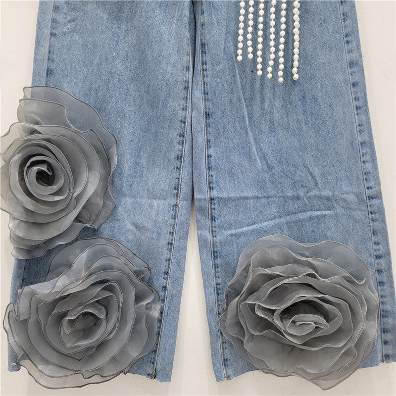 Women's Elegant High Waist Straight Leg Jeans with Flower Decoration