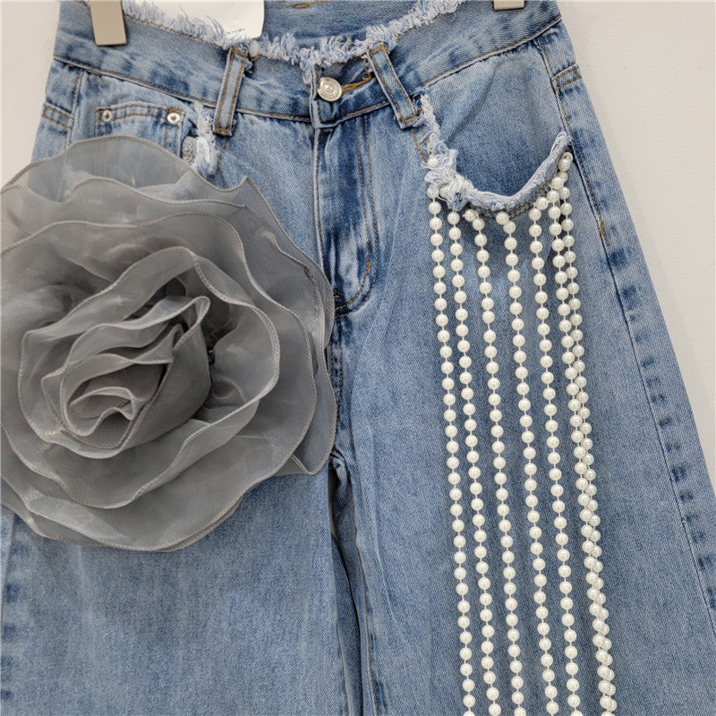 Women's Elegant High Waist Straight Leg Jeans with Flower Decoration