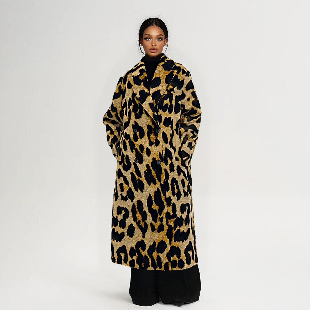 Winter Women Leopard Long Windbreak Coat