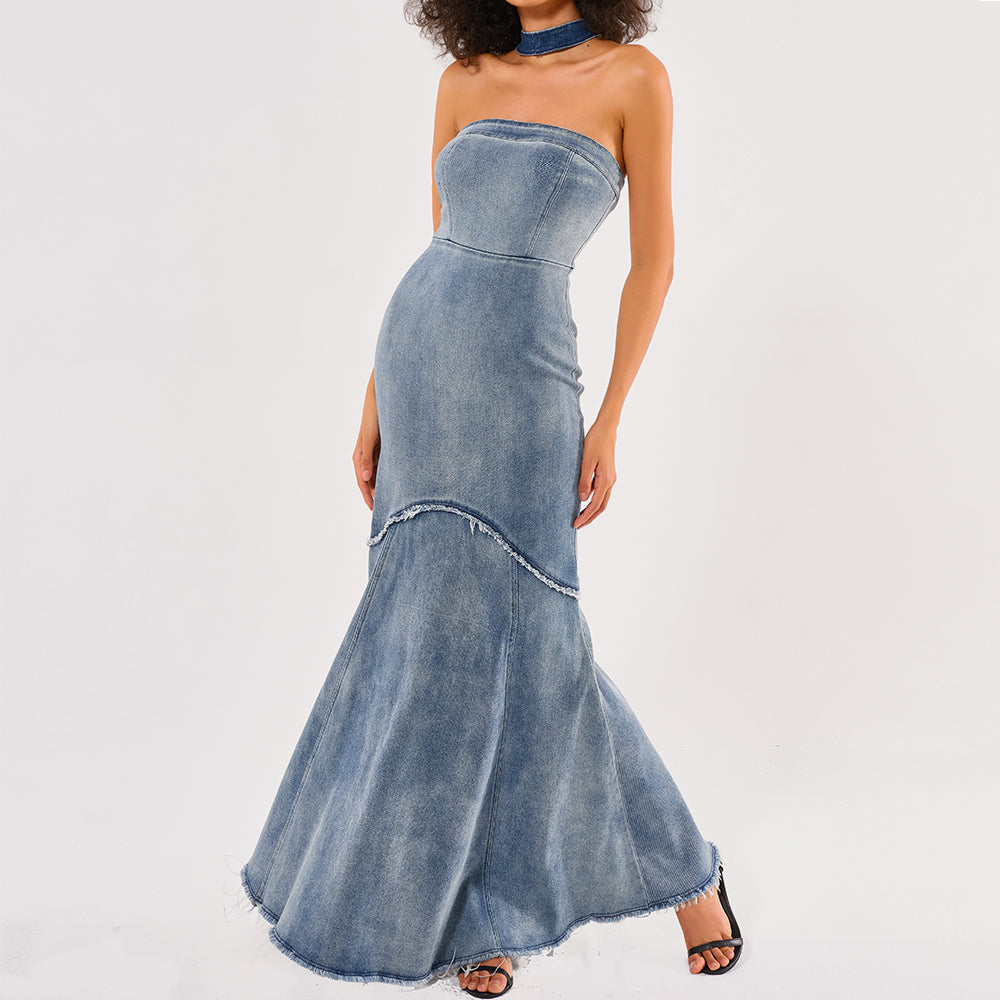 Women's fashion ladies elegant jean long bodycon maxi luxurious evening party dresses