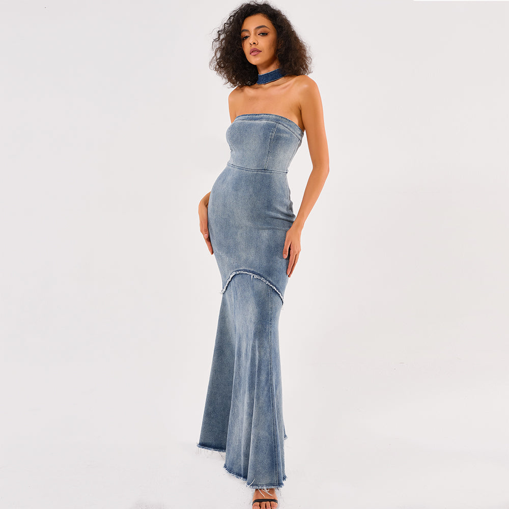 Women's fashion ladies elegant jean long bodycon maxi luxurious evening party dresses