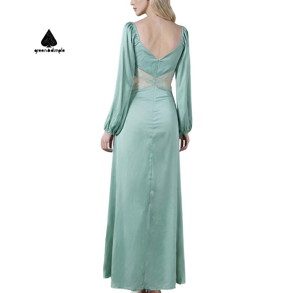 Original solid blue satin silk maxi casual dress with lace waist