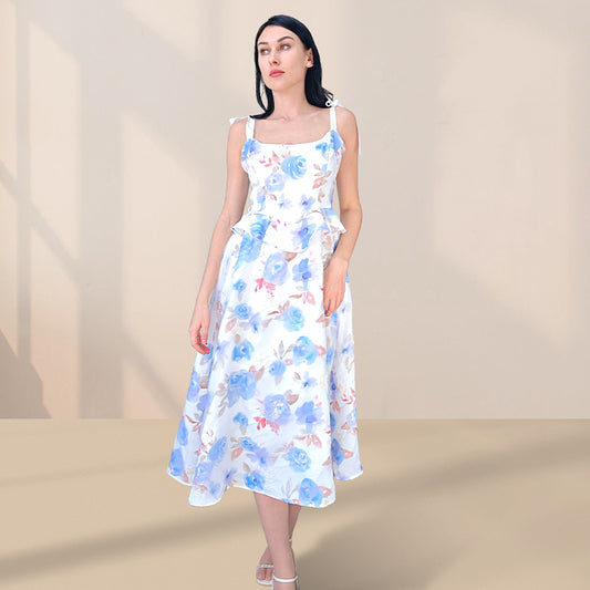 Sunny Evenings Blue Multi Lurex Flutter Sleeve Midi Dress