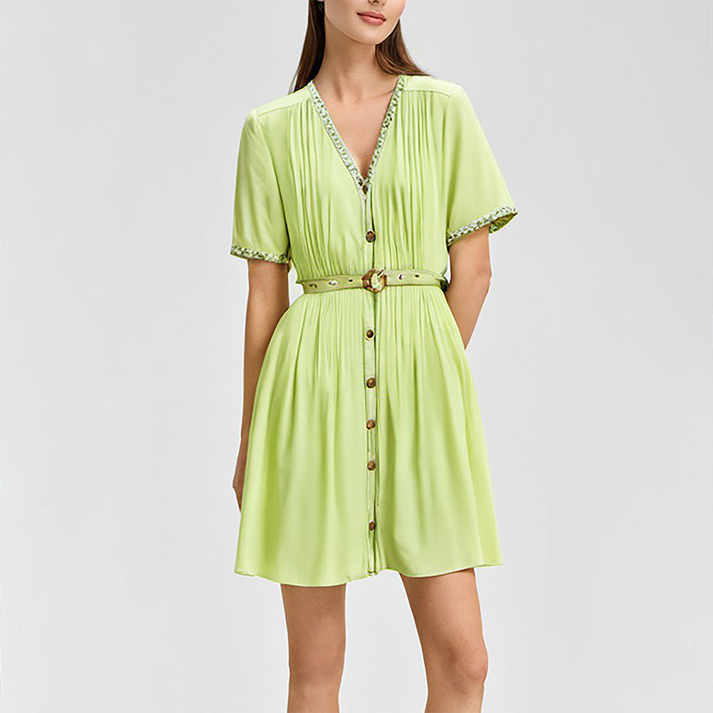 Light Green polynesian women casual short shirt dresses with open front and belt