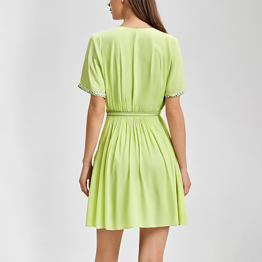 Light Green polynesian women casual short shirt dresses with open front and belt