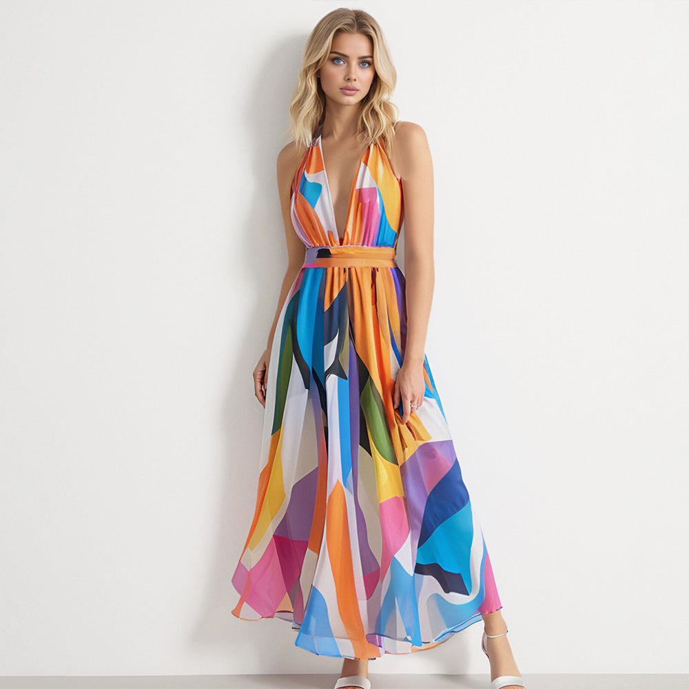 Colorblock Wrap Hem Belted Backless Sexy Halter Women's Long Evening Dresses