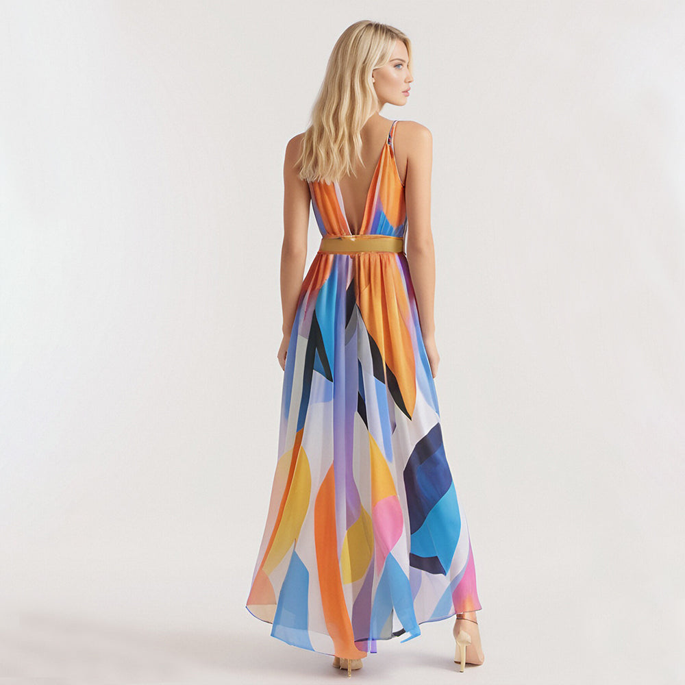 Colorblock Wrap Hem Belted Backless Sexy Halter Women's Long Evening Dresses