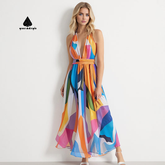 Colorblock Wrap Hem Belted Backless Sexy Halter Women's Long Evening Dresses