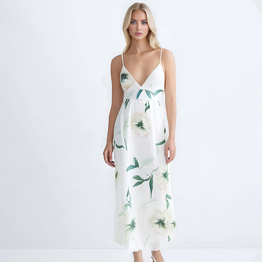 Sexy V-Neck Backless Floral Printed Maxi Summer Casual Dress