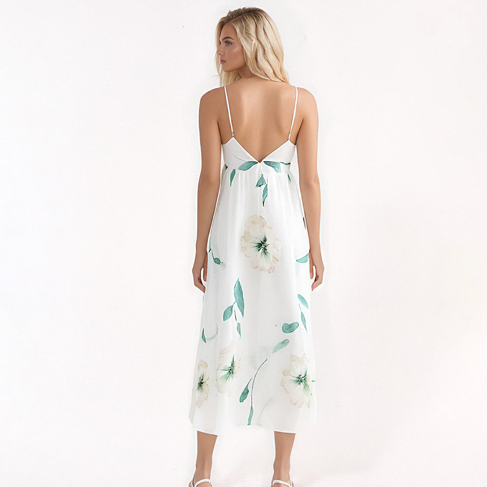 Sexy V-Neck Backless Floral Printed Maxi Summer Casual Dress