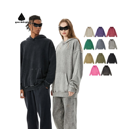 Green Dimple Hip Hop Heavy Double Layer Cordless Washed Vintage Street Style Plain Hoodie