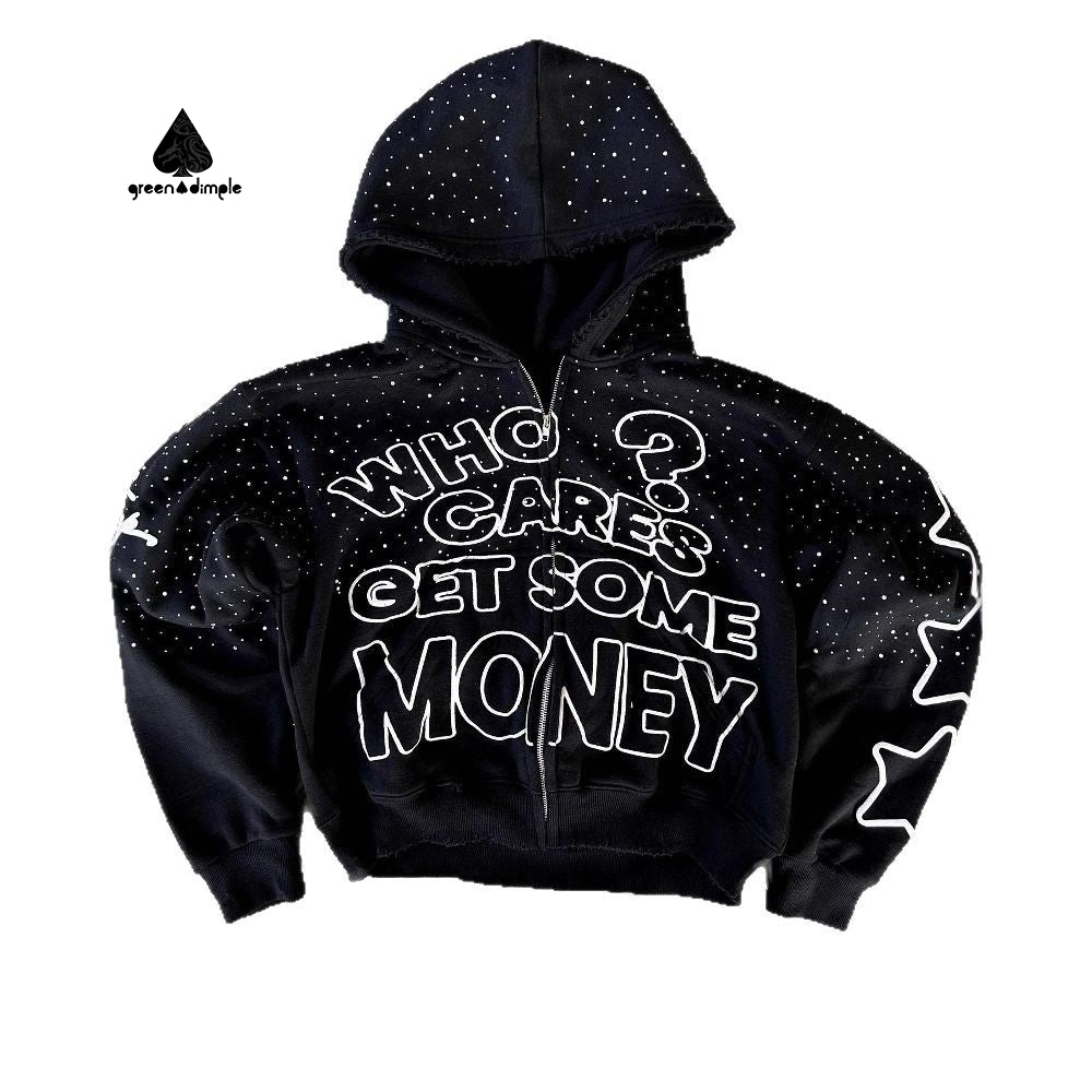 Streetwear Vintage Rhinestone French Terry Cotton Drop Shoulder Hoodie