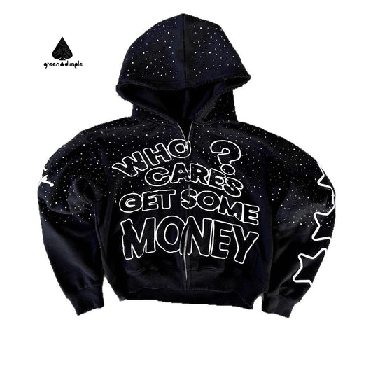 Streetwear Vintage Rhinestone French Terry Cotton Drop Shoulder Hoodie