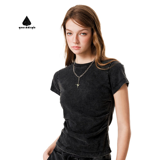 Solid Color Short Sleeved T-shirt Women's 260g Casual Crop Top