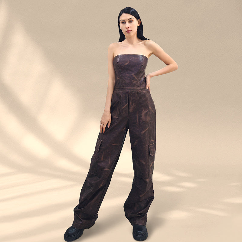 Original New Women's Clothing Off-Shoulder Tight Waist PU Leather Jumpsuit