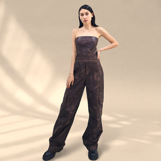 Original New Women's Clothing Off-Shoulder Tight Waist PU Leather Jumpsuit