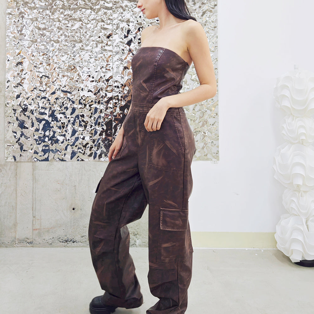 Original New Women's Clothing Off-Shoulder Tight Waist PU Leather Jumpsuit