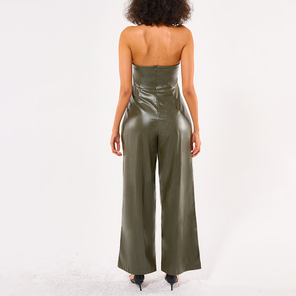 Fashion Casual set New PU Pants and Collarless tube top Blouse
