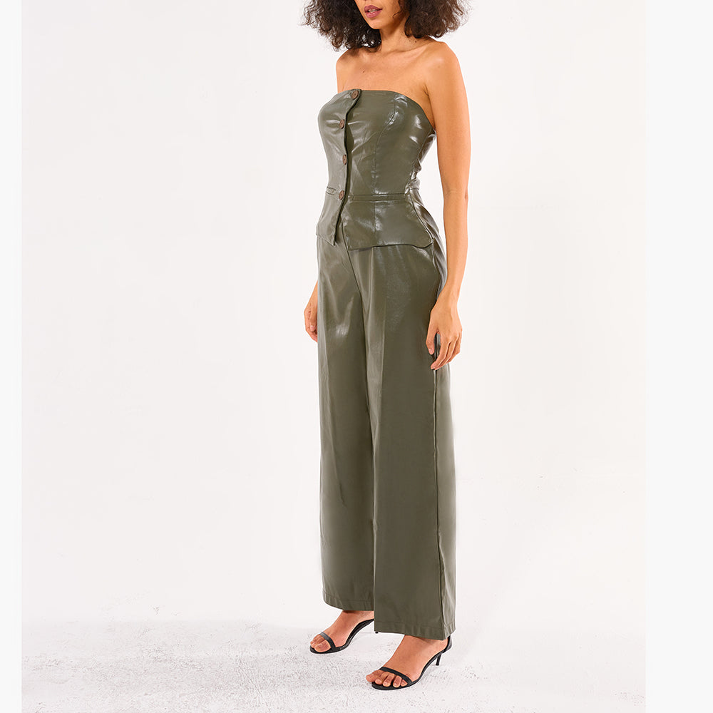 Fashion Casual set New PU Pants and Collarless tube top Blouse