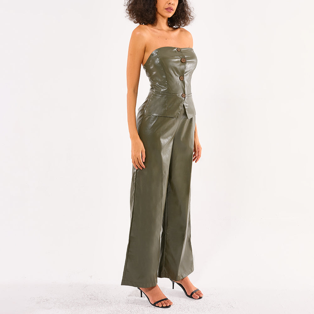 Fashion Casual set New PU Pants and Collarless tube top Blouse