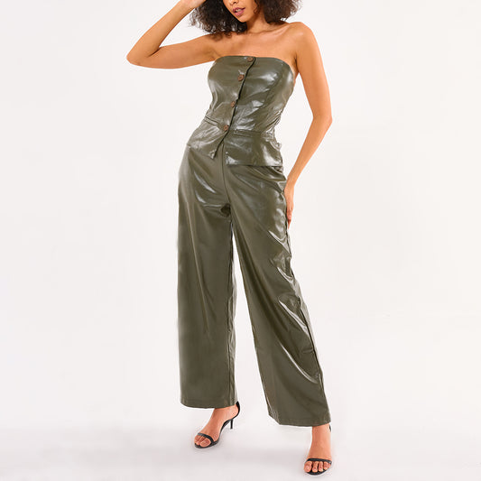 Fashion Casual set New PU Pants and Collarless tube top Blouse