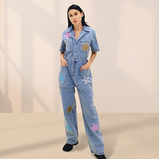 Streewear fashion denim crystal embroideried short sleeve front open jumpsuit