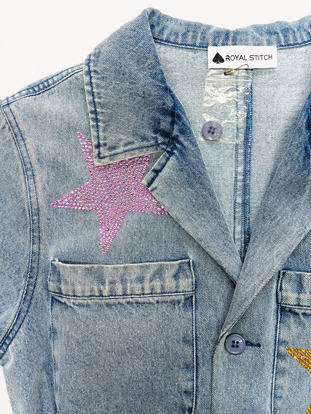 Streewear fashion denim crystal embroideried short sleeve front open jumpsuit