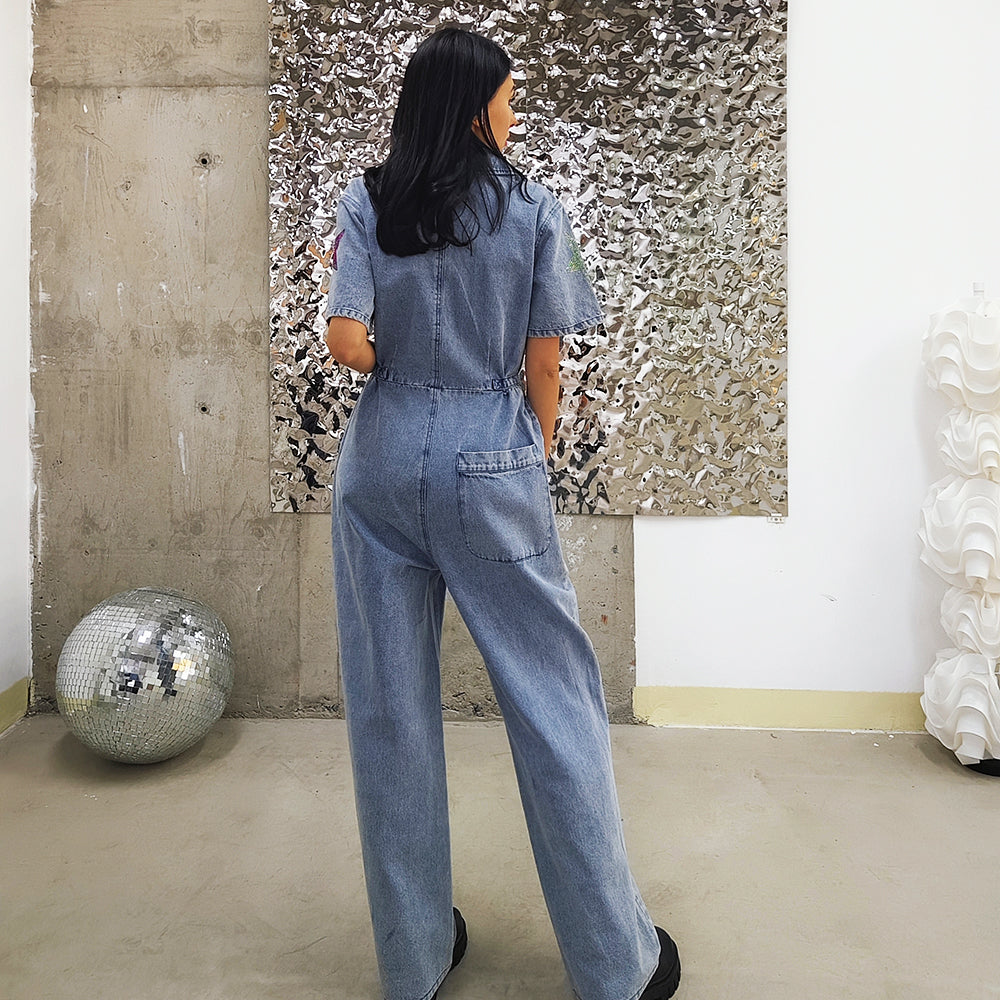 Streewear fashion denim crystal embroideried short sleeve front open jumpsuit