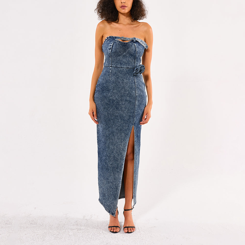 Original New Fashion Plastering Slit 3D Embroidered Denim Party Dress