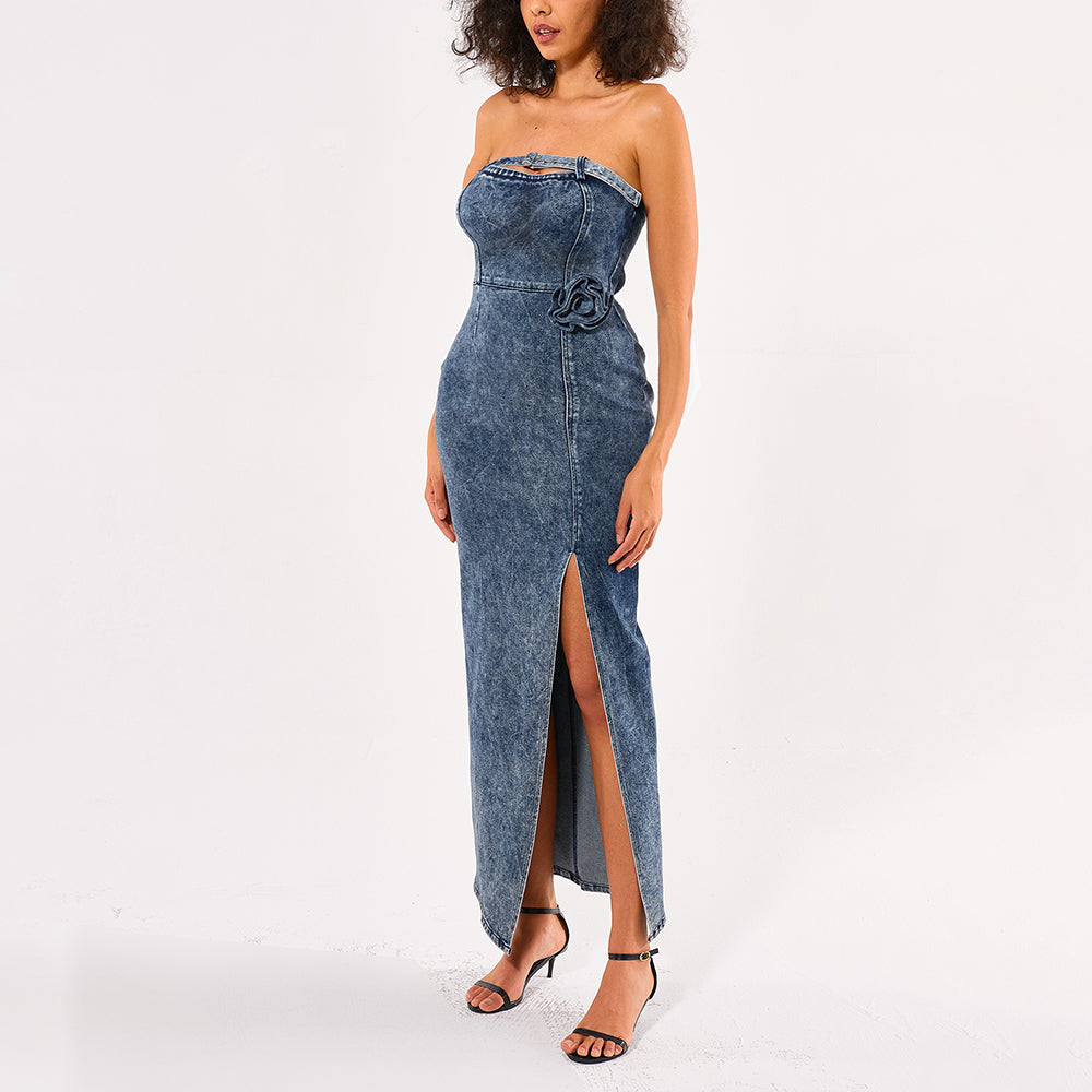 Original New Fashion Plastering Slit 3D Embroidered Denim Party Dress