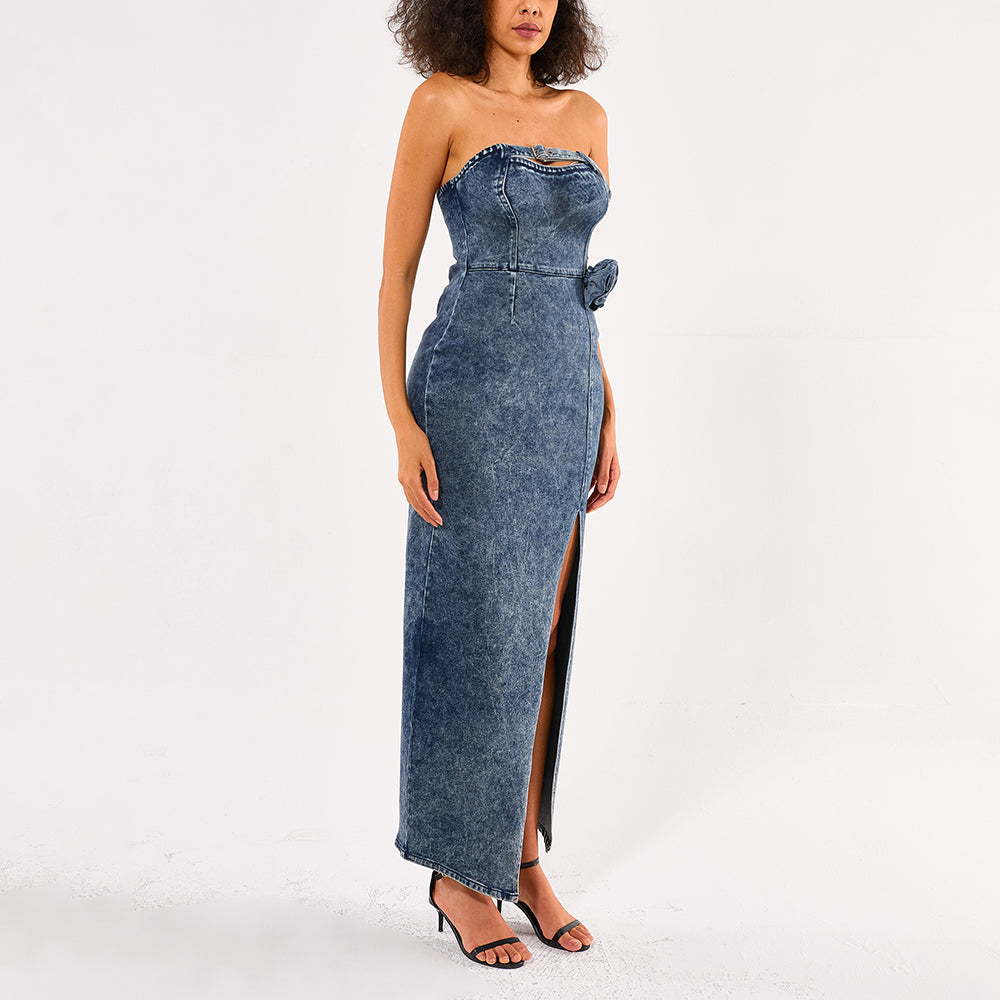 Original New Fashion Plastering Slit 3D Embroidered Denim Party Dress