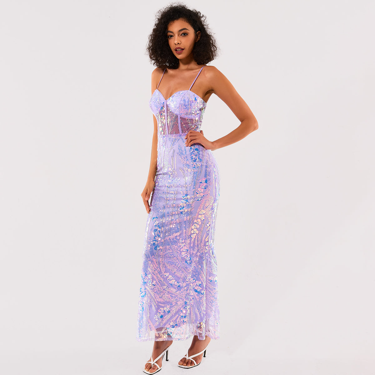 Glowing sequined sexy see though long evenning party club dress