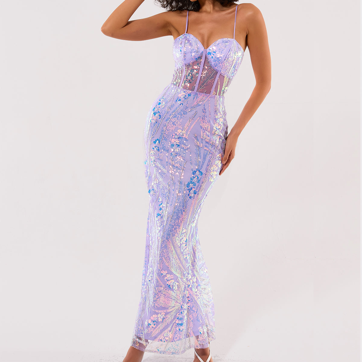 Glowing sequined sexy see though long evenning party club dress