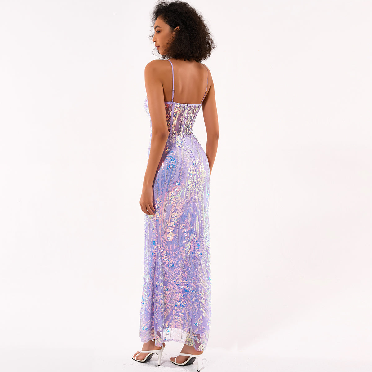 Glowing sequined sexy see though long evenning party club dress
