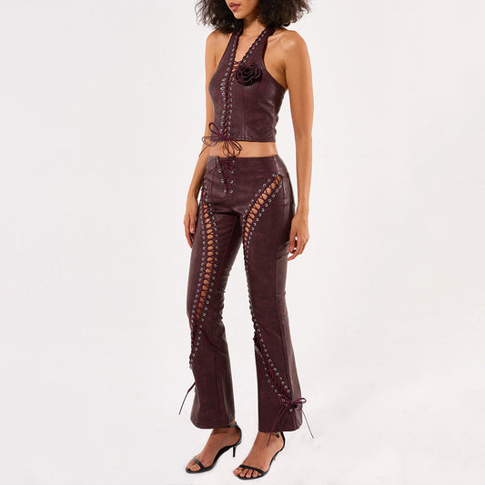 String tight vest crop top and long pant Leather Set Burgundy