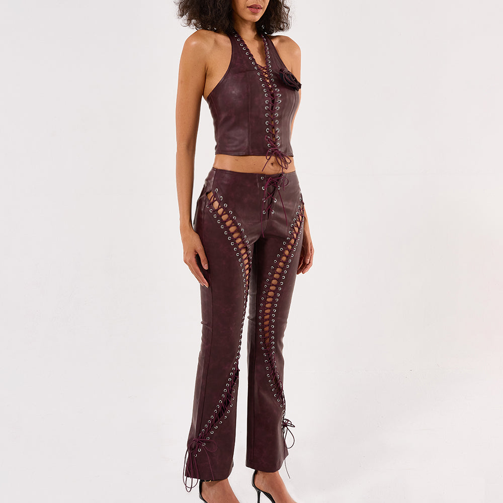 String tight vest crop top and long pant Leather Set Burgundy
