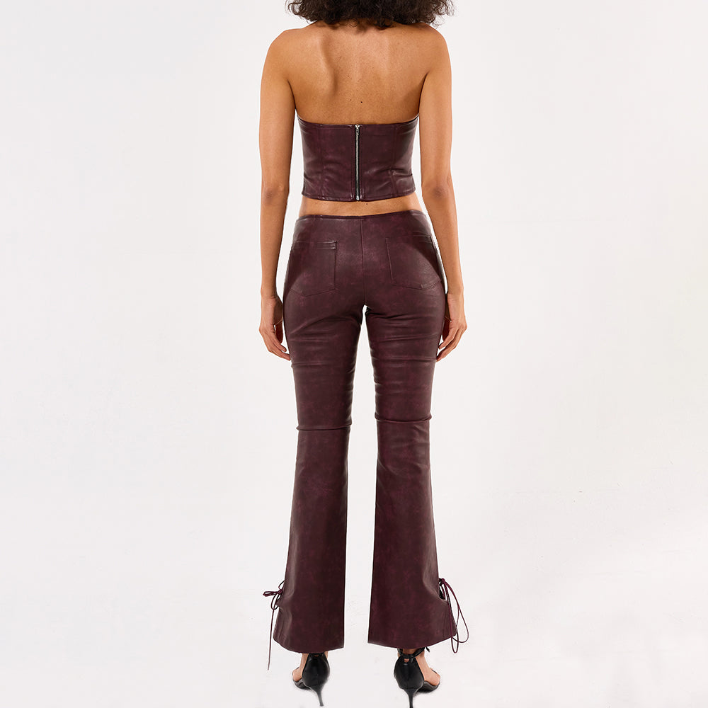 String tight vest crop top and long pant Leather Set Burgundy