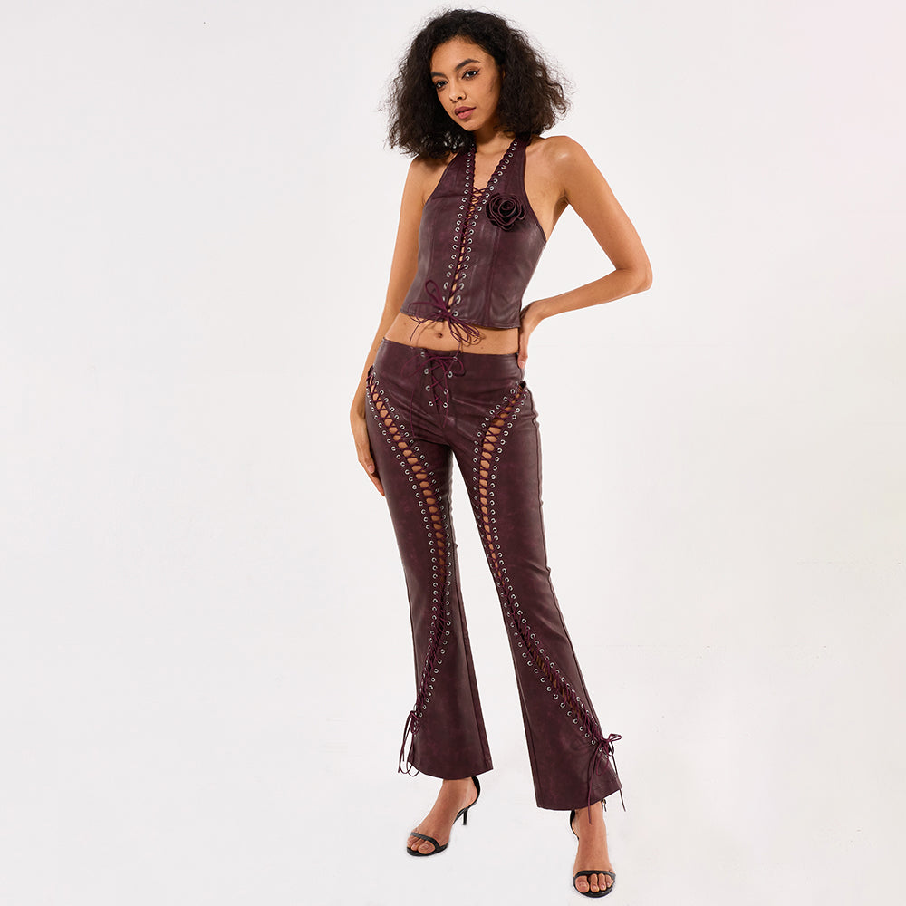 String tight vest crop top and long pant Leather Set Burgundy