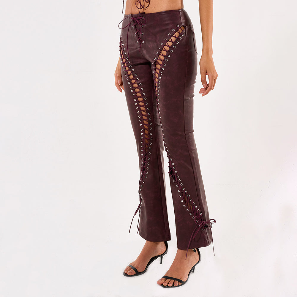String tight vest crop top and long pant Leather Set Burgundy