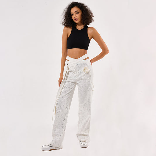 Crystal rihnstone decoration women fashion trousers