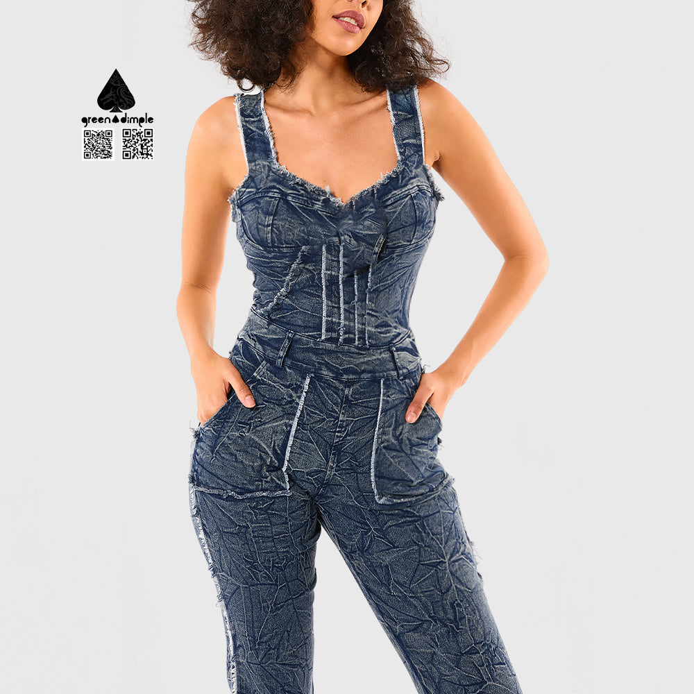 Washed Denim Casual wide Strap long Jumpsuits