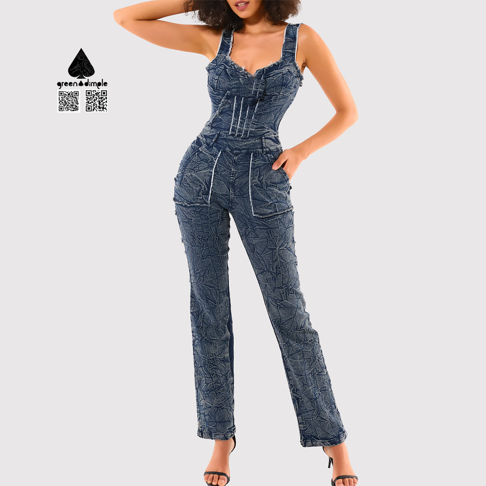 Washed Denim Casual wide Strap long Jumpsuits