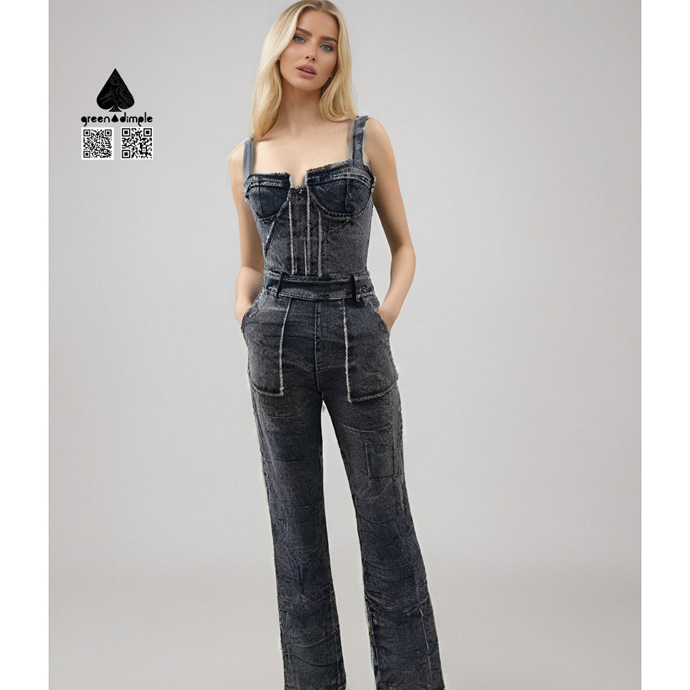 Washed Denim Casual wide Strap long Jumpsuits